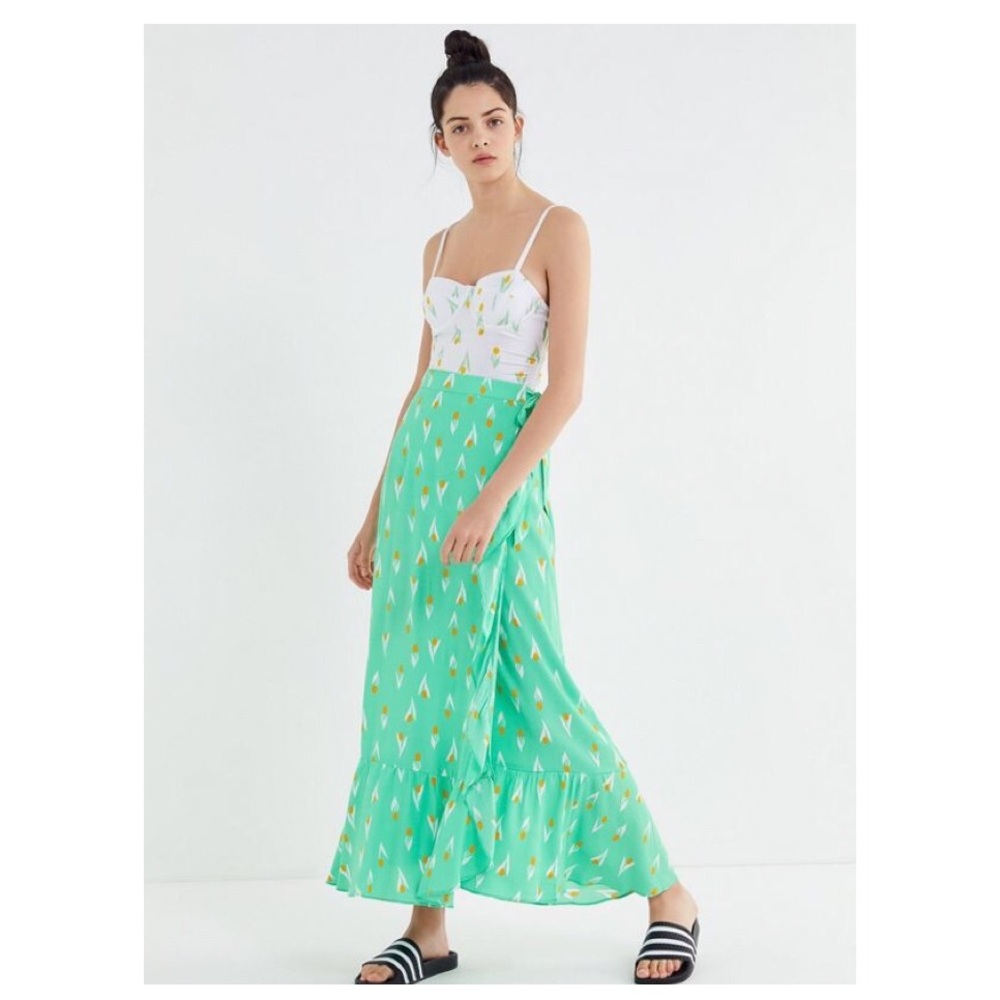 UO Michelle Tulip Print Wrap Midi Skirt
